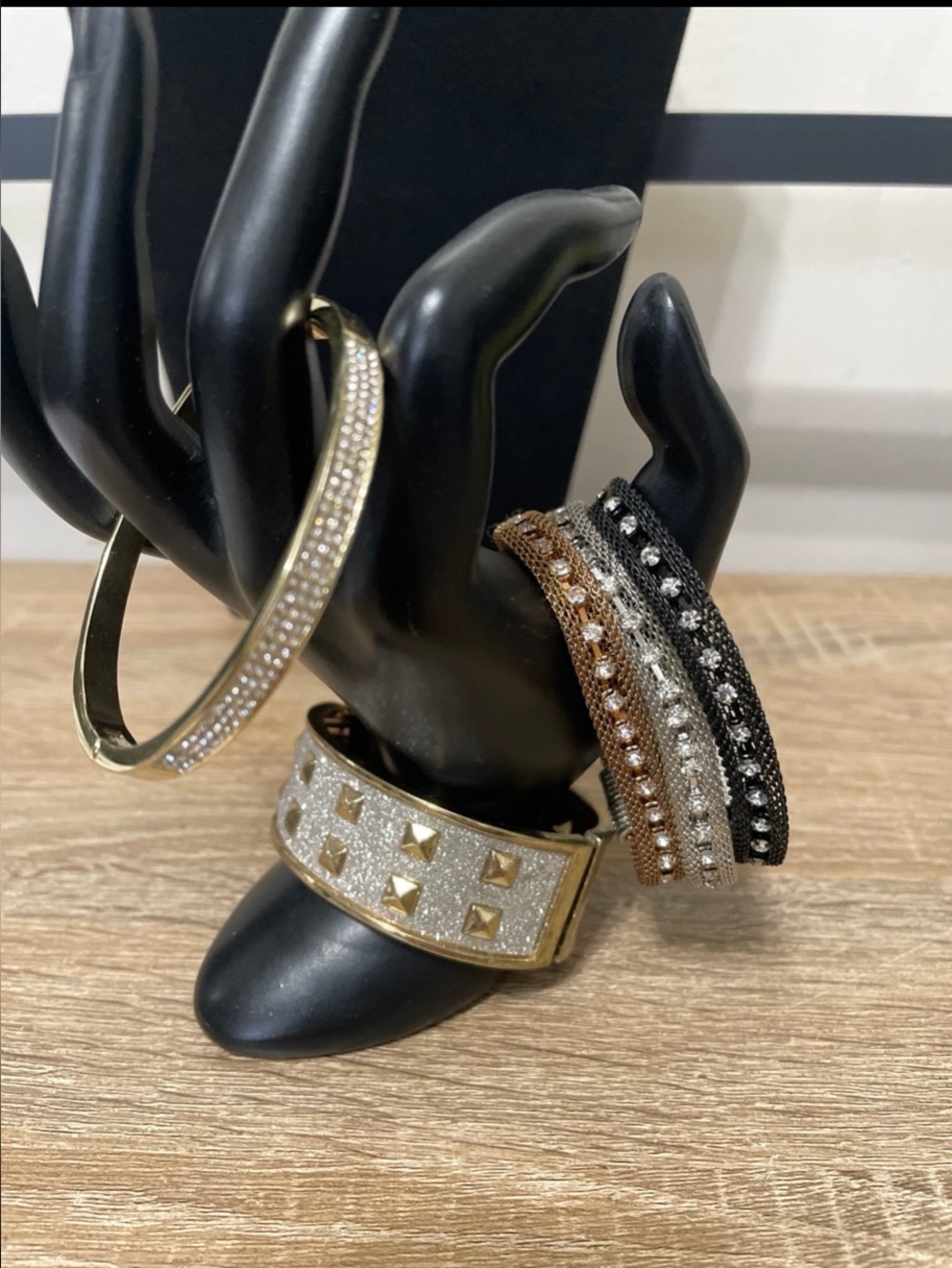 Crystal & Metallic Stackable Women's Bracelet Set - Gold, Silver, Bronze, Black